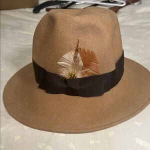 Tan Fedora Hat with Feather Accent
